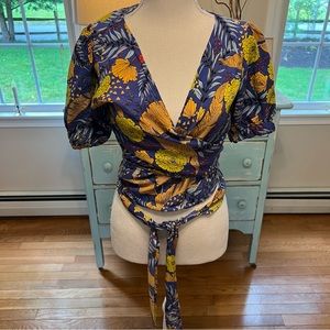 XIX royal blue floral top with long ties. Made in India. 100% Rayon. Medium B18